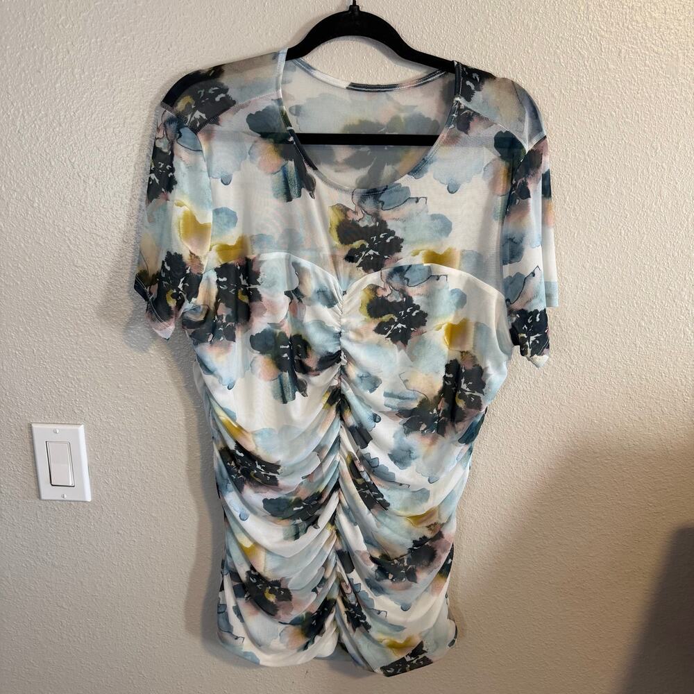 Torrid Ruched Mesh Floral Short Sleeve Top Size 2